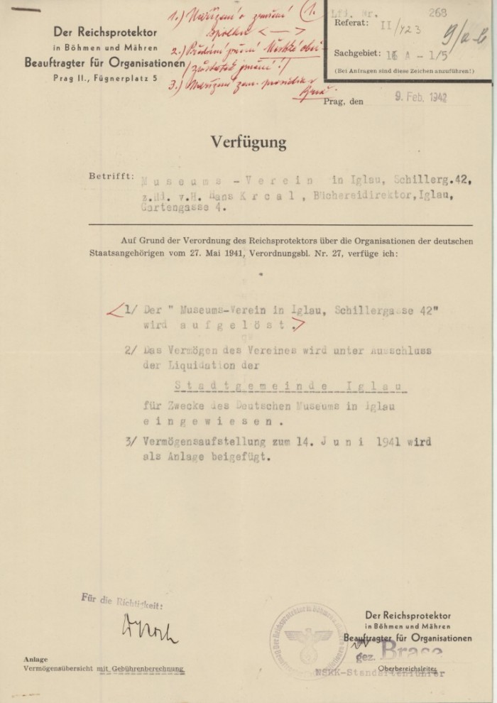 Oznámení o zrušení muzejního spolku, 1941