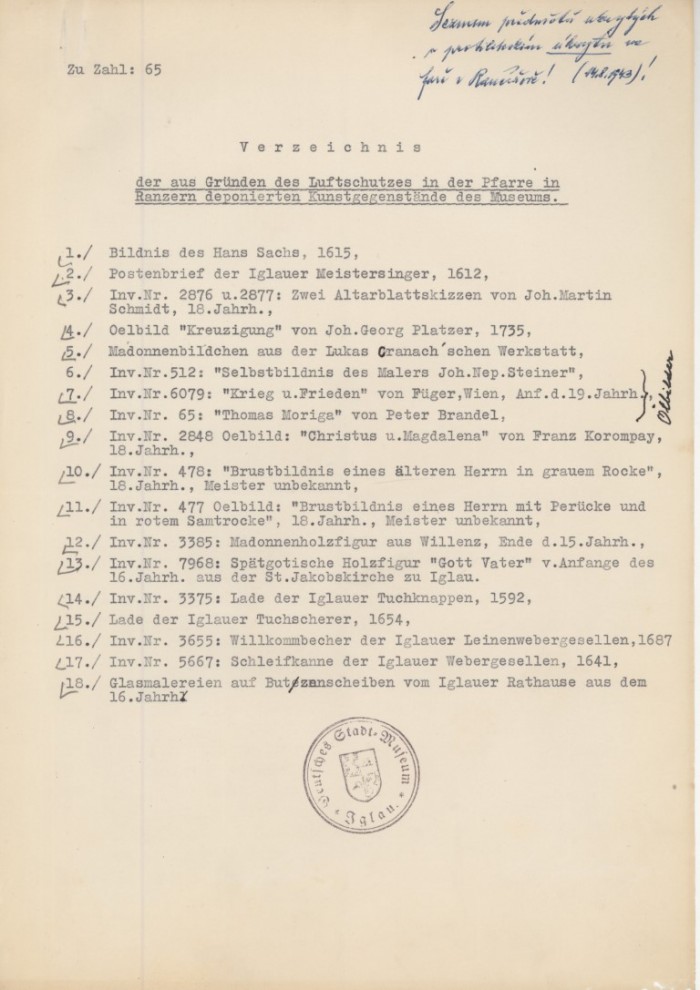 Seznam předmětů uložených v krytu v Rančířově, 1943